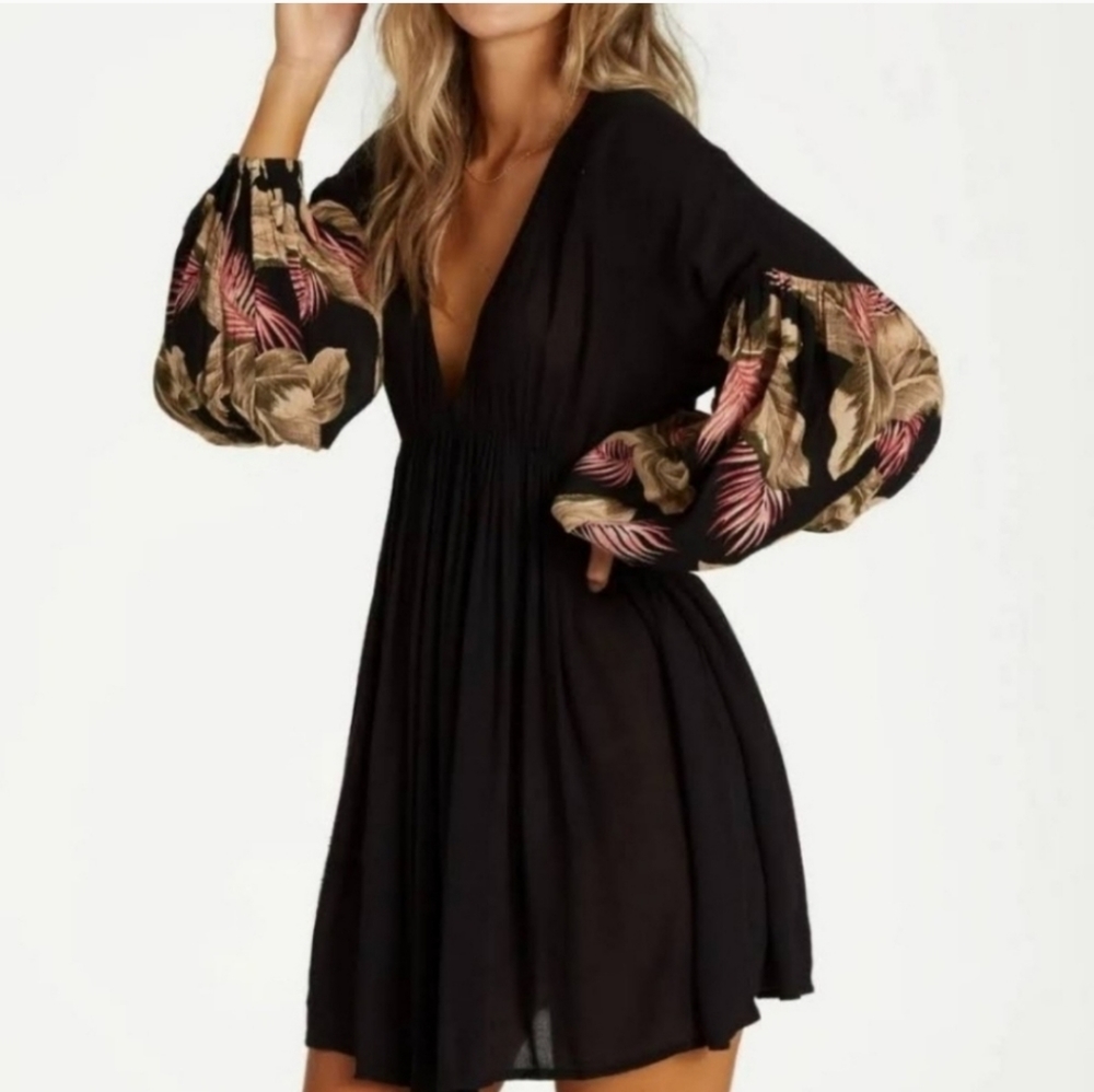 Billabong Black Long Sleeve Dress with Floral Accents